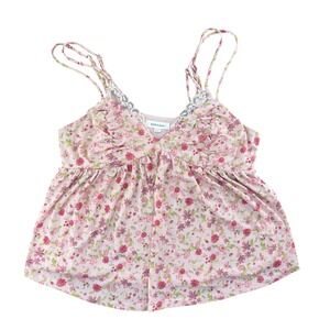 Stitch & Pine Babydoll Cami Women M Pink Floral Lace Ruched Top Coquette Cottage